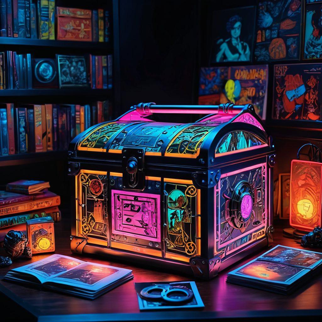 A mysterious treasure chest overflowing with animated film reels and colorful comic books, set against a dimly lit backdrop adorned with iconic scenes from obscure adult animations. Soft glows of neon colors highlight the intricate designs of the treasures, with subtle hints of eroticism. The atmosphere is playful yet enigmatic, drawing viewers into the world of hidden artistic gems. vibrant colors. cyberpunk style.