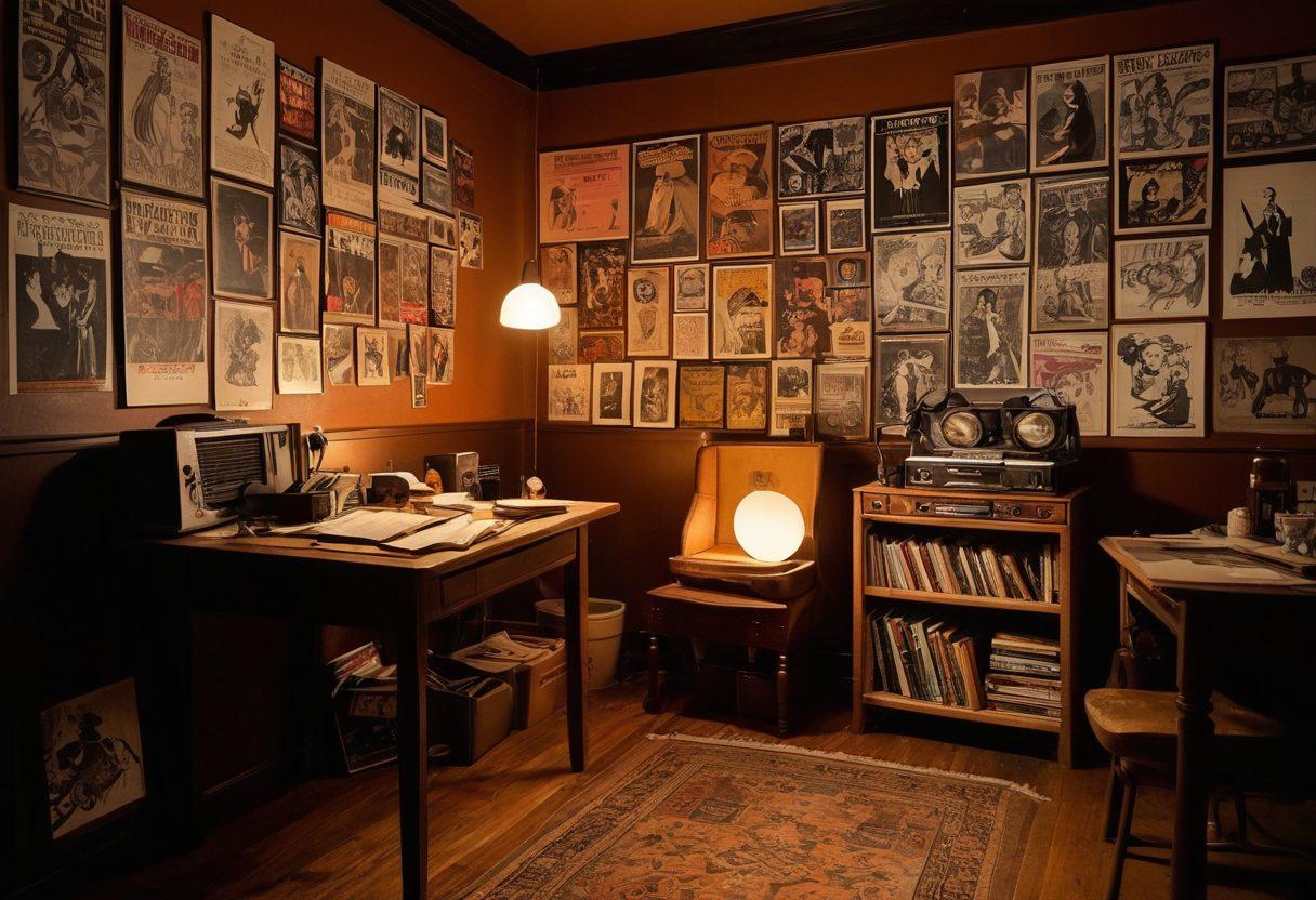 A mysterious, dimly lit room filled with graphic novels spread across a large wooden table, a collection of X-rated film posters adorning the walls. A soft glow emanates from a vintage projector showcasing tantalizing images, pouring over the scene. Subtle shadows play around an open sketchbook filled with erotic art and captivating characters, emphasizing creativity and exploration. An inviting atmosphere stimulating curiosity and intrigue about NSFW content. cinematic style. rich, warm tones. moody lighting.