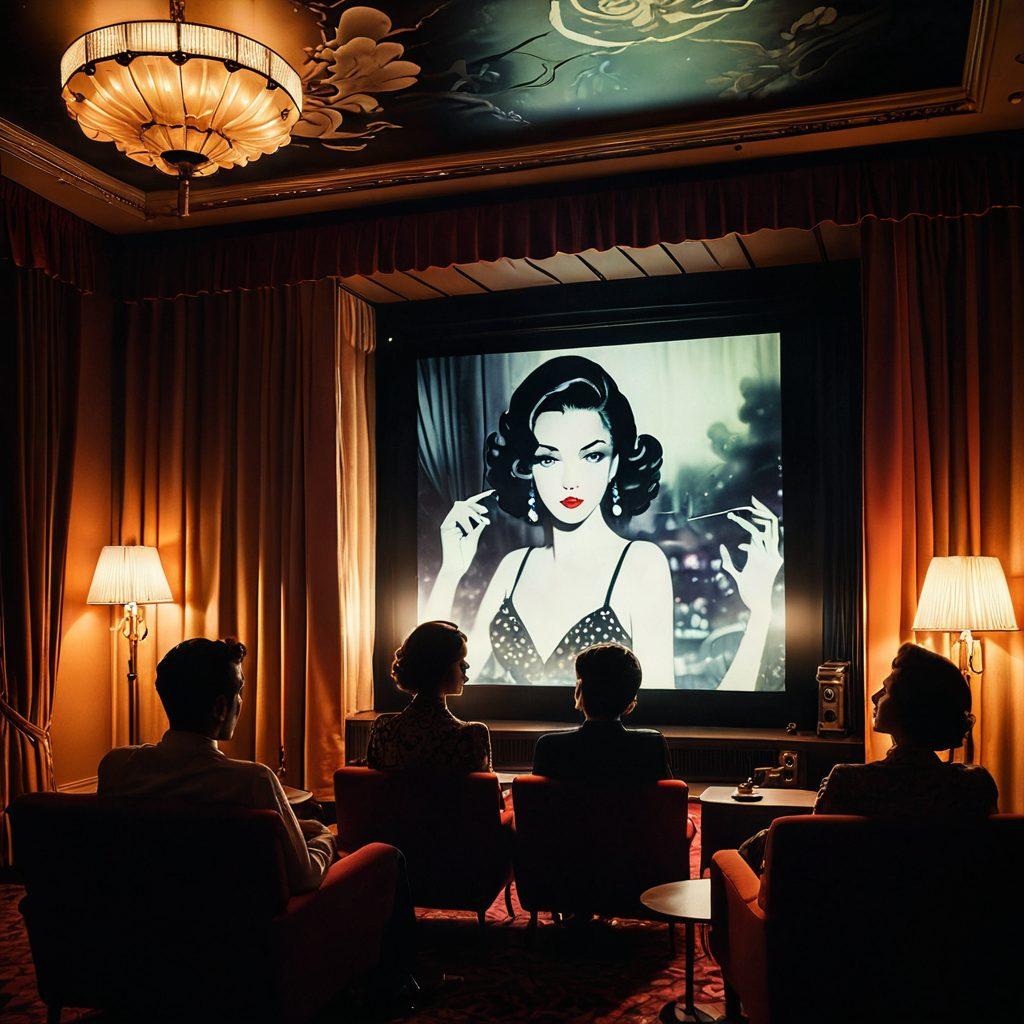 An artistic representation of a vintage cinema screen showcasing a blend of erotic classic film reels and vibrant mature anime characters, surrounded by dimmed lights and smoke for a mysterious atmosphere. Include silhouettes of intrigued viewers in the foreground, with a backdrop of lush curtains and decorative film posters, merging sensuality with nostalgia. surrealist. warm tones. cinematic lighting.